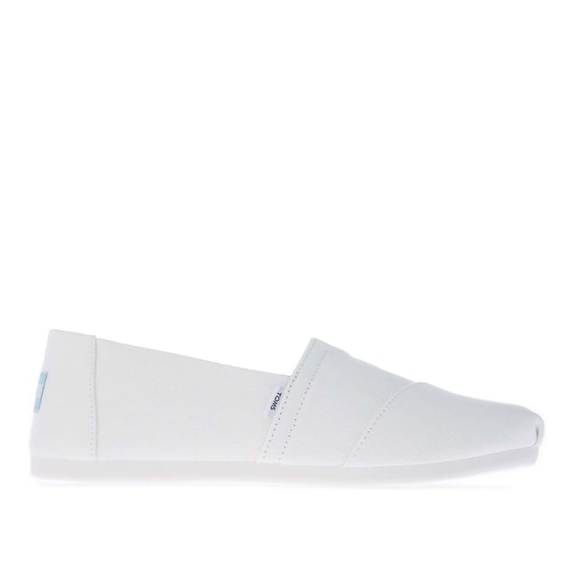 Womens Toms Recycled Cotton Canvas Alpargata Espadrille Pumps in white.- Recycled cotton upper  lining and sock-liner made with 50% recycled cotton.- Classic Alpargata design.- Toe-stitch and elastic V for easy on and off.- Chevron patterned canvas lining.- Custom insoles made with 50% eco content including recycled PU foam.- Direct injection outsole for flexibility and durability with tread pattern for improved traction.- Toms branding to side and back of heel.- 100% vegan construction.- Textile upper  Textile lining  Synthetic and textile sole.- Ref:10017739