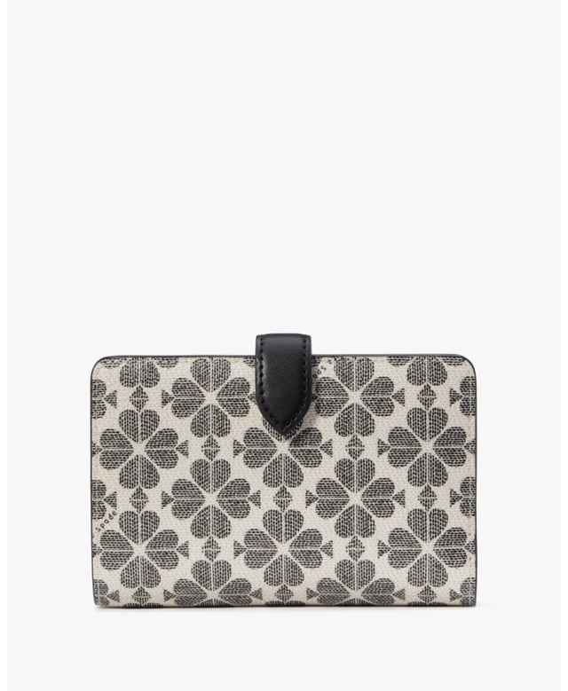 Spade Flower Spade Flower Pvc Medium Compact Bifold Wallet, Metal Pinmount With Spade Logo, 9 Credit Card Slots, Id Window, 2 Slip Pockets, 1 Bill Slot, L-Zip Coin Compartment,  Length: 13.90 Cm,  Width: 9.00 Cm,  Height: 14.00 Cm