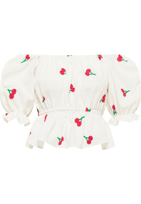 Fruit'n Floral! Wij werden meteen verliefd op deze lichte katoenen blouse in cropped design. De delicate speelsheid wordt versterkt door het borduursel van bloemen, kersen of ananassen, terwijl de sensuele bardot halslijn een vrouwelijke touch toevoegt. De korte mouwen vinden een afwerking in elastische manchetten, waardoor kleine ruches ontstaan. De taille is ook voorzien van een elastische band, waardoor een betoverende peplum ontstaat.