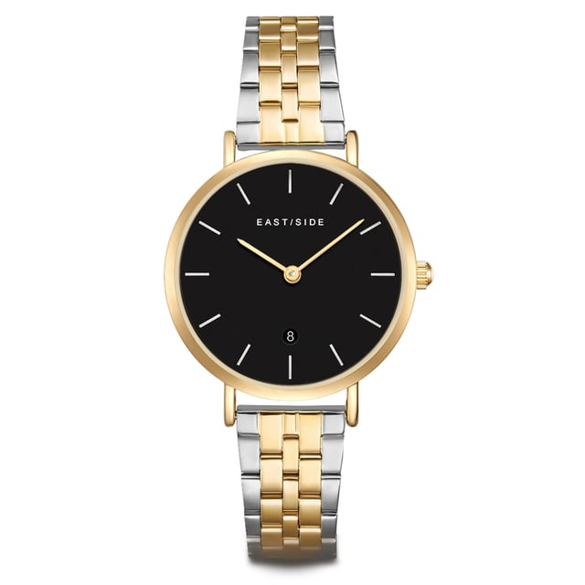 Classic elegance and modern lifestyle combine in the design concept of this women's watch in the Eastside label. Inspired by stylish watch classics and at the same time the pulsating charm of New York, an exceptional timepiece is created. The minimalist dial with delicate line indices, simple stickers and a date display convinces all watch lovers. The yellow-gold metal housing and the partially IP-coated bicolor-steel bracelet in the timeless limb strap look harmonize in sound. A high-quality safety folding and a quartz clock ensure maximum comfort and durable precision.