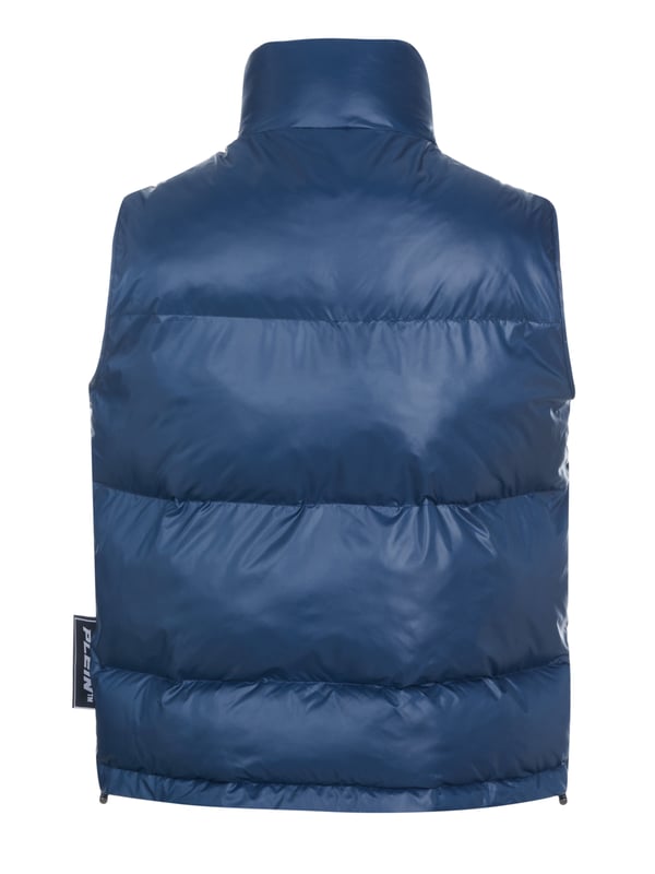 100% poliéster; chaleco Philipp Plein; Modelo: FAAC MRC0160 PNY002N 14; Mano de obra de alta calidad; ajuste regular; cuello alto; Cremallera con tapeta con cierre de presión oculto; Dos bolsillos ribeteados con cierres a presión; cordón en el dobladillo inferior; Alimentado; Detalles del logotipo de Philipp Plein