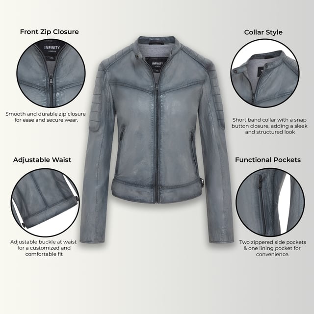 This stylish leather jacket offers a modern take on classic biker style. Crafted from soft lamb leather, it combines comfort and durability with a sleek and edgy aesthetic.

Key Features:

Soft Lamb Leather: Ensures comfort and a luxurious feel.
Modern Biker Style: Features a stand-up collar, zipper closure, and angled pockets.
Functional Pockets: Includes two zippered chest pockets and one interior pocket for secure storage.
Adjustable Waist: The buckle at the hem allows for a customized fit.
Edgy Details: The quilted shoulder panels add a touch of visual interest and enhance the jacket's biker-inspired look, while also providing additional protection.
Quilted Shoulder and Sleeves: The quilted design offer added protection and a stylish touch.
This jacket is perfect for those who want a versatile and stylish piece that can elevate any outfit.