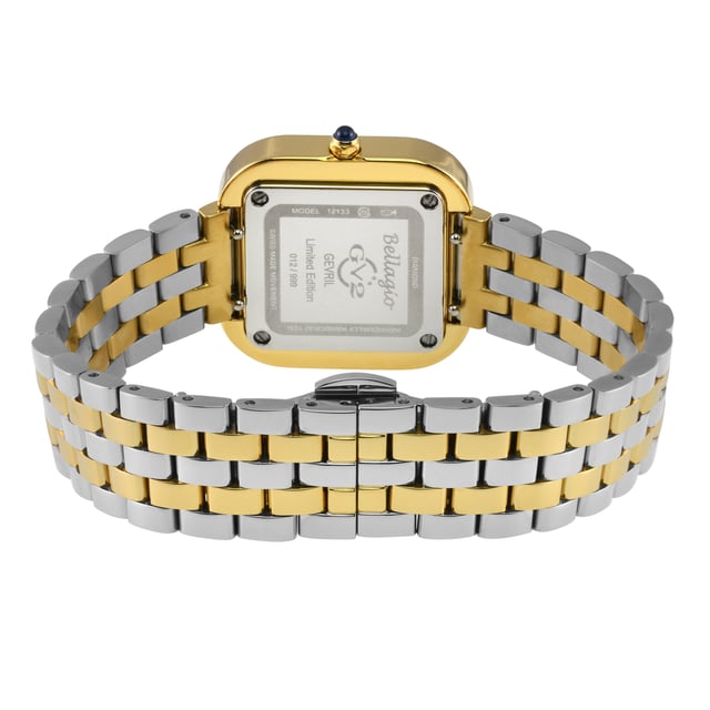 GV2 Bellagio Diamond
Attempting to capture the brilliance of GV2's Bellagio collection is a task fit for the daring, yet we willingly embrace the role of the fool to describe this sensational Women's timepiece. The Bellagio Swiss Movement Diamond Watch transcends the realms of luxury; it stands as an exquisite and extraordinary masterpiece that effortlessly commands attention. While the name Bellagio may evoke images of majestic fountains, this timepiece goes beyond expectations, drawing inspiration from the "Pearl of Lake Como"—a charming Italian town known for its glamour and romance. The 30mm square case, adorned with a double diamond-cut ring bezel, creates layers of diamond indulgence that captivate the senses. The silver and white dial, embellished with 8 diamonds in a square formation, adds a third dimension of opulence, a sight to be admired and revered. Exuding grandeur, the Roman numeral hour markers embellish this feast for the eyes, complemented by GV2's impeccable Swiss Quartz movement. Whether embraced by authentic Italian leather strap with a tang buckle or a metaled bracelet with a deployment buckle, both options generously set the stage for Bellagio's push-pull crown adorned with a blue cabochon stone. In the realm of luxury, good things are often found in small packages, and Bellagio epitomizes this concept with the look of layers upon layers of diamonds. Is it over the top? Perhaps, but in the most delightful way. The Bellagio has us all raising our glasses to 'la dolce vita.'
GV2 12133B Women's Bellagio Swiss Movement Diamond Watch

GV2 Women's Diamond Swiss Movement Watch from the Bellagio Collection
30mm Square IPYG Case, Double Diamond Cut bezel
Silver/White dial 8 Diamonds
Push Pull crown with Blue Cabochon Stone
Two-Toned SS/IPYG Bracelet with Deployment Buckle
Anti-reflective Sapphire Crystal
Water Resistant to 50 Meters/5ATM
Swiss Quartz Movement Ronda 762
SKU: 12133B