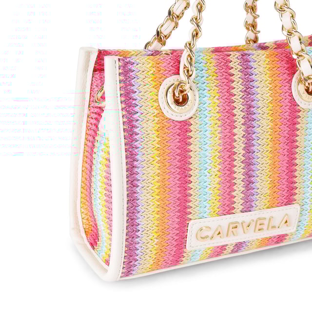 This Carvela Mini Leila Raffia Tote bag Is crafted from a rainbow striped woven raffia. There are two smaller gold chain straps on top of the bag and an optional cross body strap. Dimensions: 17cm (H), 20cm (L), 9cm (D). Strap length: 127cm.
