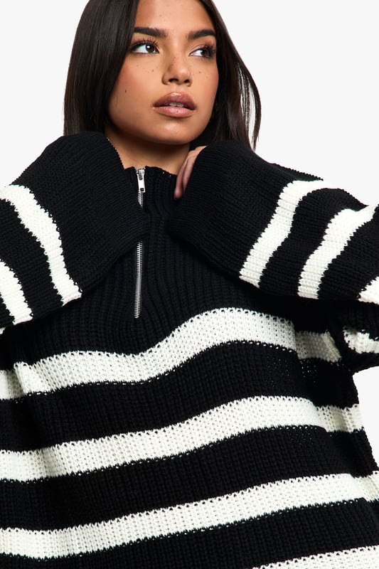 Warm, cosy, and perfect for transitional dressing, jumpers are a key piece for your casual wardrobe, and this style is no exception. A pullover garment that's perfect for layering, our latest drop of women's jumpers boasts on-trend details like fringe trims, statement sleeves and vibrant colours. Try knitted pieces with v-neck shapes and fluted sleeves, or keep things classic in a black jumper. Get on board with street style and try a long jumper styled with chunky trainers and an oversized coat.Style: Midweight JumperDesign: StripesSleeve Length: Long Sleeve