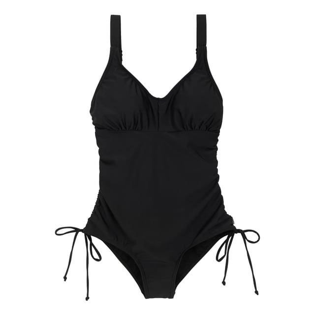 85% Polyester, 15% Elastane. Fabric: Stretch. Design: Plain. 200gsm. Fastening: Pull Over. Neckline: Sweetheart. Adjustable Strap, Drawstring Side, Elasticated Under-Bust Band, Gathered Side, Non-Wired Padded Cups, Tummy Control, UPF 50+. Fabric Technology: Durable, UV Protection.