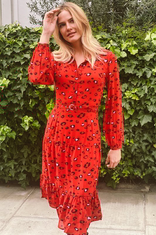 Red leopard print tiered frill cheap hem dress