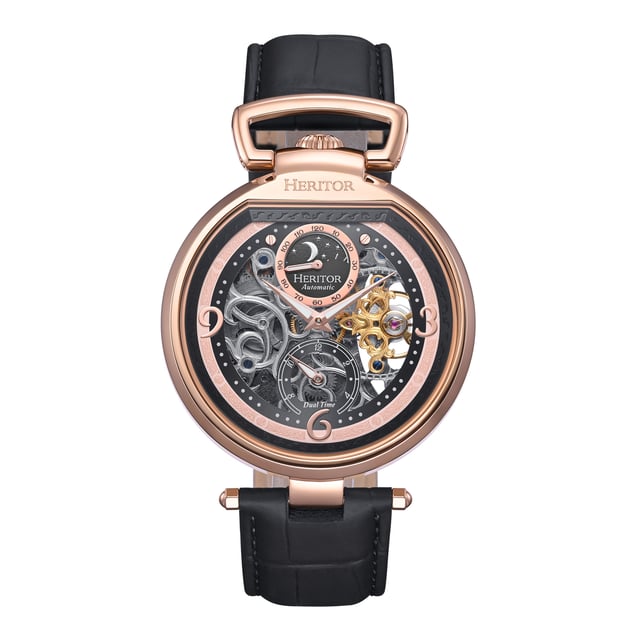 316L Surgical-Quality Stainless Steel Case, Jeweled Automatic Movement, Jewel Bearings: 22 Jewels, 36-Hour Power Reserve, Beats per Hour (BPH): 21600/Hour, Sapphire-Coated Mineral Crystal, Skeleton Dial with Engraved Details, Observation Caseback to view Movement, Logo-Engraved Crown, Genuine Leather Crocodile-Embossed Strap, Logo-Engraved Stainless Steel Clasp, Luminous Hands, Moon Phase, Dual Time Sub-Dial, Unique 120-Seconds Sub-Dial, 45mm Case Diameter, 195-245mm Wrist Size, 5 ATM Water Resistance.
