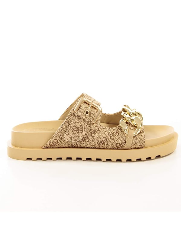 Sandale Guess Fatema Logo 4G Damen Braun Synthétique. Authentischer Stadt-Schuh der Marke Guess - Streetwear/Sportswear-Design von Guess - Guess für modebewusste Frauen, perfekt für den Alltag - Die braune Guess-Sandale lässt sich hervorragend mit dem Rest Ihrer Garderobe kombinieren - Komfortables synthetisches Material - Klassische Schnalle - Fatema Logo 4G - Synthetisch.