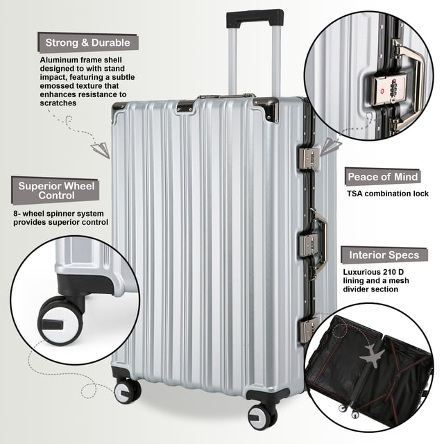 Entdecken Sie die perfekte Kombination aus Eleganz, Haltbarkeit und Komfort mit unseren robusten silbernen Hartschalenkoffern. Dieses Gepäckset mit atemberaubendem Finish ist für den modernen Reisenden gemacht und bietet Stärke und Eleganz für alle Ihre Reisen. Eigenschaften: Hochwertige Polycarbonatschale: Leicht und dennoch robust, bietet außergewöhnlichen Schutz vor Verschleiß. Verstärkter Aluminiumrahmen: Sorgt für Haltbarkeit und strukturelle Integrität und gewährleistet lang anhaltende Leistung. Zwei integrierte Schlösser: Sichern Sie Ihre Sachen mit zwei integrierten Kombinationsschlössern für mehr Sicherheit. 8 leichtgängige Doppelrollen: Bietet mühelose 360°-Manövrierfähigkeit, sodass die Navigation durch Flughäfen und belebte Straßen ein Kinderspiel wird. Ergonomischer Teleskopgriff: Entwickelt für bequeme Handhabung und Benutzerfreundlichkeit. Stilvolles Interieur: Vollständig gefüttert mit elastischen Riemen, Reißverschlussfächern und Netzteilern für geordnetes Packen. Verfügbare Größen und Spezifikationen: Kabine: Maße: 36 x 24 x 56 cm Gewicht: 2,70 kg Fassungsvermögen: 42 l Mittel: Maße: 43 x 28 x 65,5 cm Gewicht: 4,00 kg Fassungsvermögen: 70 l Groß: Maße: 51 x 32 x 76 cm Gewicht: 5,00 kg Fassungsvermögen: 110 l Das zeitlose Design sorgt für Eleganz und sorgt dafür, dass Ihr Gepäck leicht zu erkennen ist. Ob Sie mit leichtem Gepäck in der Kabinengröße reisen oder für eine lange Reise mit den mittleren und großen Koffern packen, dieses Set ist auf alle Ihre Reiseanforderungen zugeschnitten. – Hinweis: Bitte wählen Sie die gewünschte Größe. Größen werden einzeln und nicht in Sets verkauft.
