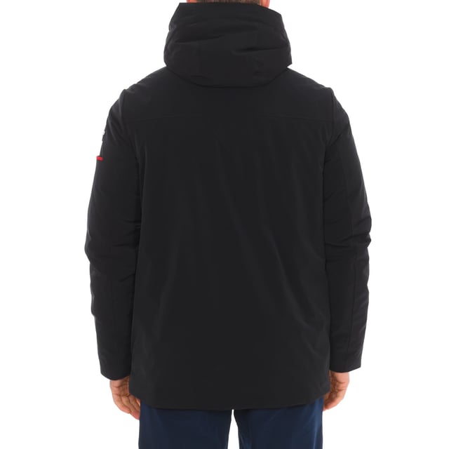 Waterproof jacket Vuarnet.
 High collar with hood.
 Two-way zipper and button closure.
 One button pocket on the sleeve.
 One zipper pocket on the upper front side.
 Two zippered hand pockets
 One internal zipper pocket.
 Brand logo on one sleeve.
 Composition: 100% Sorona
 Care:
Wash at maximum temperature 30º.
 Do not iron.
 Do not use dryer.
 Do not use bleach.
 Do not dry clean.