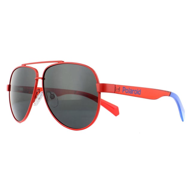 Polaroid Kids Sunglasses PLD 8034/S C9A M9 Red Grey Polarized are a vibrant aviator style for kids. With adjustable nose pads, a perfect fit is guaranteed for children aged 8-12 years. Polarized lenses will ensure a comfortable view and the temples are signed off with the Polaroid logo.