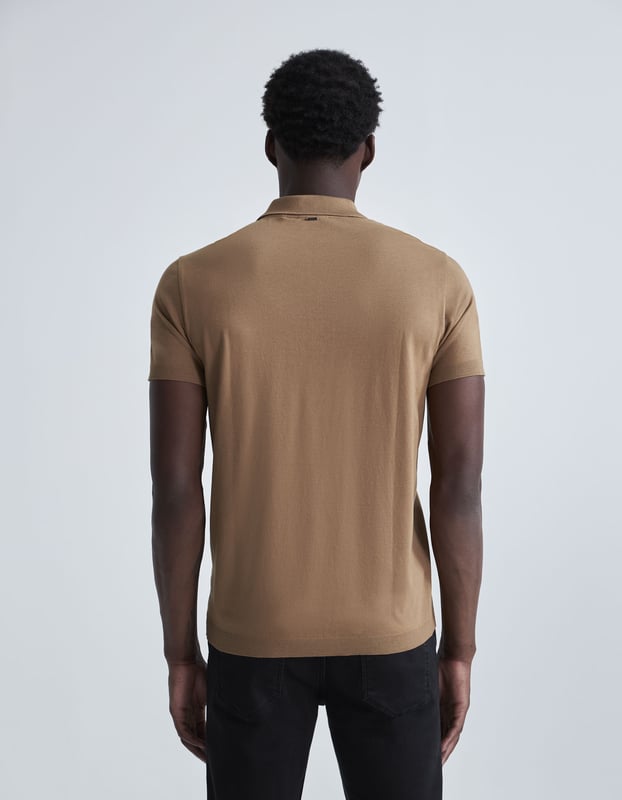 This cappuccino polo shirt has collared neck, short sleeves with ribbing on collar, sleeves and chest.