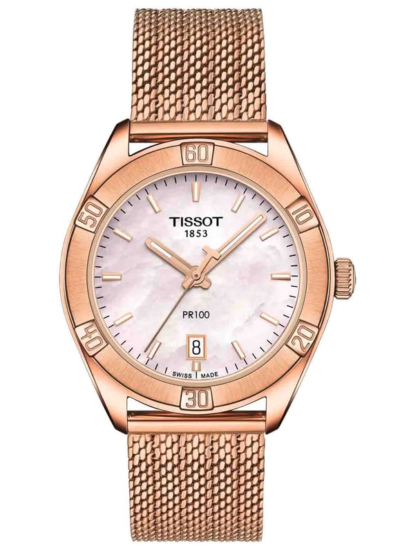 This Tissot Pr 100 Sport Chic Analogue Watch for Women is the perfect timepiece to wear or to gift. It's Rose Gold 36 mm Round case combined with the comfortable Rose Gold Stainless steel watch band will ensure you enjoy this stunning timepiece without any compromise. Operated by a high quality Quartz movement and water resistant to 10 bars, your watch will keep ticking. The Tissot PR 100 is a classic watch destined to be worn often and for every occasion. This Analogue watch has a calendar function: Date as well as Swiss Made and Luminous Hands High quality 19 cm length and 17 mm width Rose Gold Stainless steel strap with a Folding Clasp Case diameter: 36 mm,case thickness: 9 mm, case colour: Rose Gold and dial colour: Mother of pearl