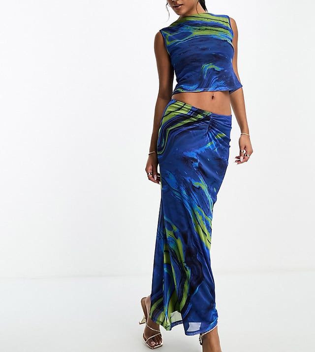 ASOS DESIGN printed mesh low rise fishtail maxi skirt co ord in blue