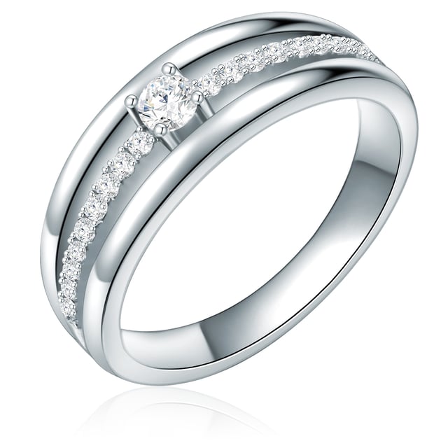 If you like puristic design combined with glamorous accents, this silver ring of the Rafaela Donata label is guaranteed to close. The ring rail of the massive band ring is occupied by a band of zirconia stones and crowned in the middle with a lush zirconia crystal. What is special is the high -quality brilliant cut that gives each individual of the crystals more than 50 facets. The result is an incomparable sparkle that attracts everyone's attention. A rhodium line protects the ring made of 925 sterling silver from the start and gives the surface the typical cool shine.