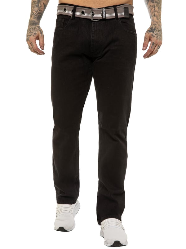 Enzo Mens Regular Fit Jeans. Free Belt Included (Belt colour may vary). 5 Pockets including the Coin Pocket. Branded Buttons and Rivets. Midrise Zip Fly Fastening.(EZ399)