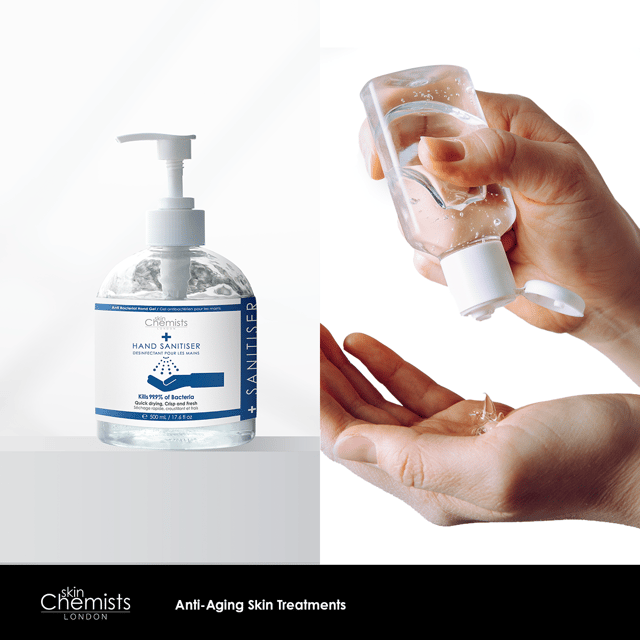 skinChemists Hand Sanitiser is a 500ml product that contains 70% Alcohol Denat, Glycerine, and other ingredients. This formula focuses on cleanliness and hygiene, making it an essential product for keeping hands germ-free and protected.