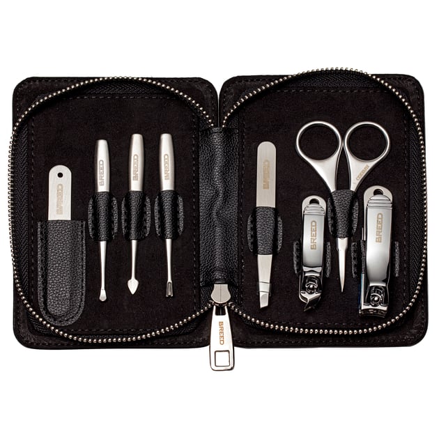 SPECS: 8-piece set, Surgical Stainless steel tools; INCLUDED: Heavy duty zip up travel case, Fingernail clippers, Toenail clippers, Nail file, Nostril + Eyebrow scissors, Peeling Knife, Cuticle Knife, Deadskin Fork, Tweezers