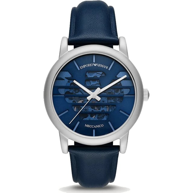 Brand: Emporio ArmaniModel Number: AR60030Case Width: 43mmCase Length: 43mmCase Depth: 13mmCase Material: Stainless SteelCase Shape: CircularMovement: AutomaticDial Colour: SilverStrap Material: LeatherStrap Colour: BlueClasp Type: BuckleCaseback: ExhibitionCrown: Push/PullCrystal: MineralWater Resistance: 50 Metres