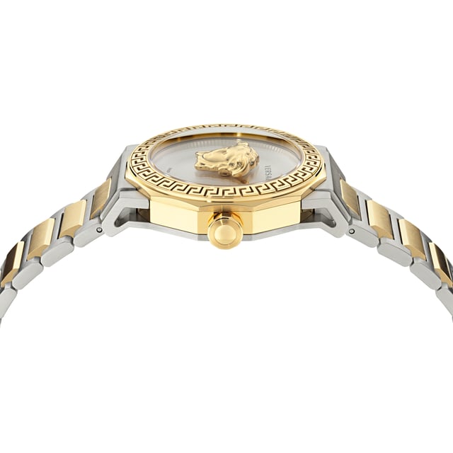 This Versace Medusa Deco Analogue Watch for Women is the perfect timepiece to wear or to gift. It's Multicolour 38 mm Round case combined with the comfortable Multicolour Stainless steel watch band will ensure you enjoy this stunning timepiece without any compromise. Operated by a high quality Quartz movement and water resistant to 5 bars, your watch will keep ticking. This high quality watch is an incredible eye-catching Women watch. This Analogue watch has a has a Swiss Made Movement High quality 19 cm length and 18 mm width Multicolour Stainless steel strap with a Deployment clasp Case diameter: 38 mm,case thickness: 12 mm, case colour: Multicolour and dial colour: White