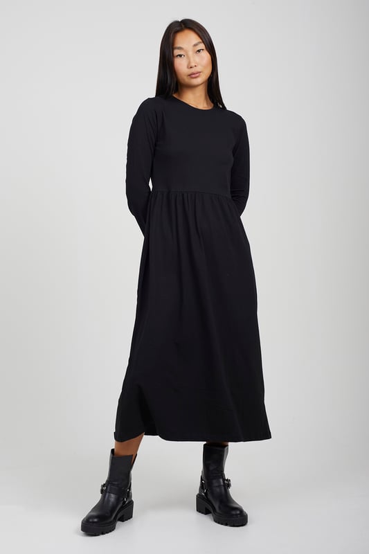 Black Cotton 'Marge' Long Sleeve Midi Smock Dress