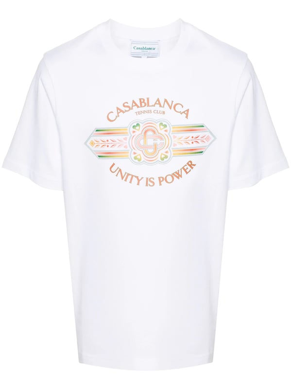 Crest-inspired graphics pepper Casablanca's designs, alluding to the brand's sports-club inspiration. This short-sleeve organic-cotton T-shirt is highlighted with the Unity is Power print, a motif that conveys an important message from the brand's latest collection.