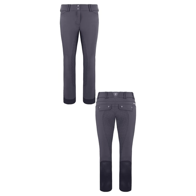 The Ariat Tri Factor Grip Full Seat Ladies Breeches are designed to keep you cool and collected without comprimising on style or comfort.

Featuring many of Ariat's advanced technologies, these breeches have been manufactured with a stretch, mid-weight knit fabric that is infused with a unique Icefil® Xyltol-based cooling system. This is designed to reduce skin temperature by up to 5°F, using highly efficient wicking fibres which quickly pull moisture away from the skin. Nano particles woven into the fabric also help to eliminate odour and offer protection from the sun, making the Tri Factor Breeches perfect for both competition and every day wear.

Designed with an innovative V3® panel in the back waistband which accomodates a rider's varying hip angles, they provide high levels of support without restricting your freedom of movement. An Ariat hex Silicone Grip full seat offers security and stability when in the saddle, while the Calf Fit System™ lower leg cuffs minimise bulk around the calves and alleviate pressure points on the ankles under long riding boots.

Finished with elegant faux back flap pockets and eye-catching and smart Ariat branding.