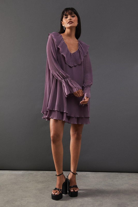 Pleated Chiffon V Neck Mini Swing Dress