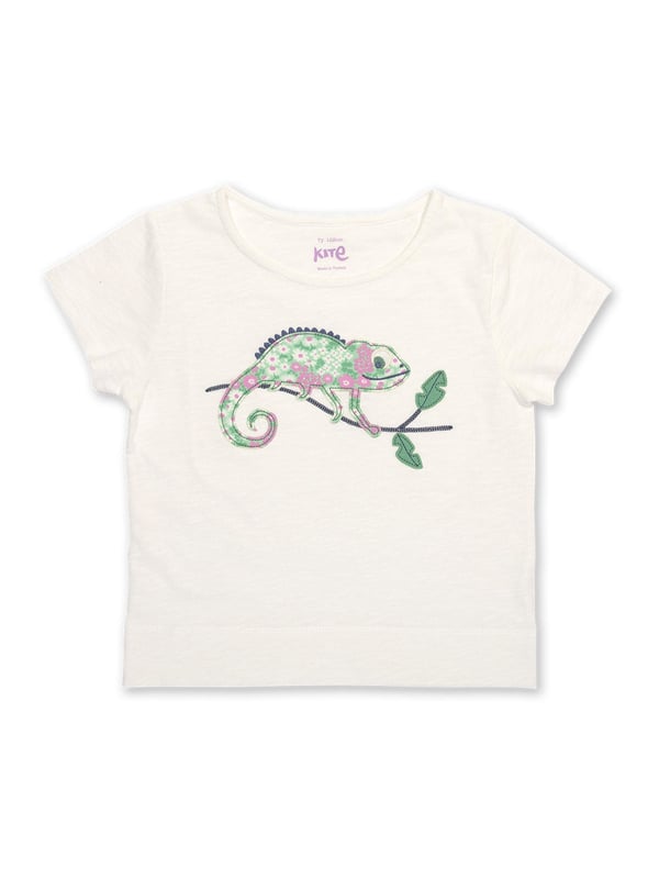 100% organic cotton | Proud to be certified to the Global Organic Textile Standard (GOTS) | Chameleon appliqué design featuring our flower patch print | OEKO-TEX Standard 100 (Product class I) appliqué backing | Cream | Slub jersey (170-180 gsm) | Short sleeved | Round neck | Made in Turkey | Machine washable at 40 degrees, or at 30 degrees to be kinder to the planet