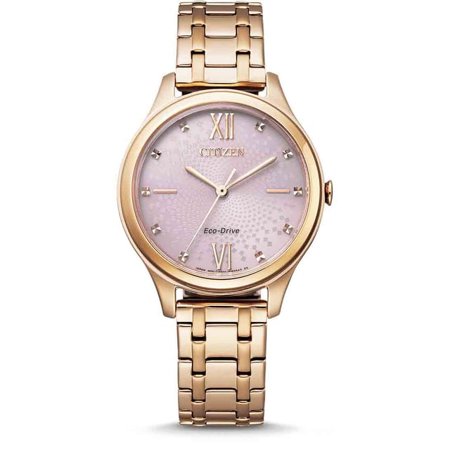 This Citizen  Analogue Watch for Women is the perfect timepiece to wear or to gift. It's Rose Gold 32 mm Round case combined with the comfortable Rose Gold Stainless steel watch band will ensure you enjoy this stunning timepiece without any compromise. Operated by a high quality Eco-Drive movement and water resistant to 5 bars, your watch will keep ticking. This solar powered watch recharges itself in any kind of light,This solar watch does not require any battery replacement. -The watch has a function: Solar Powered High quality 19 cm length and 14 mm width Rose Gold Stainless steel strap with a Fold over with push button clasp Case diameter: 32 mm,case thickness: 7 mm, case colour: Rose Gold and dial colour: Pink