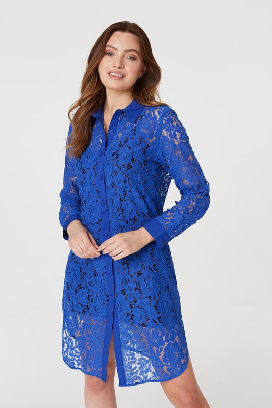 Add a twist to a traditional shirt dress with this sheer lace longline dress. Made from 100% cotton, it has a collar, V-neck, button front, long sleeves with tailored cuffs and a knee length hem. Layer over leggings and pair with your favourite heels, or leave unbuttoned for a chic warm weather alternative to a coat or cardigan.