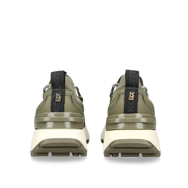 The KG Kurt Geiger Lux is a knitted style sneaker in khaki. The tubular style laces tie at the front whilst there are black branded tabs at the front and back of the ankle.