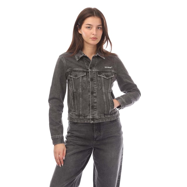 Womens Off White Diagonal Regular Denim Jacket in dark grey - white.- Classic collar.- Full button placket with branded metal shanks.- Long sleeves with buttoned cuffs.- Off-White logo printed at left chest.- Diagonal graphic on reverse.- Button-flap chest pockets.- Front welt pockets.- Back waist tabs.- Off-White™ label at back waist.- Main material: 100% Cotton.  Lining: 65% Polyester  35% Cotton.  Machine washable.- Ref: OWYE0120010701