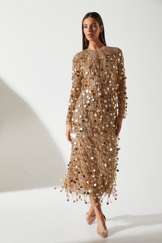 Premium Embellished Fringe And Disc Sequin Column Dress