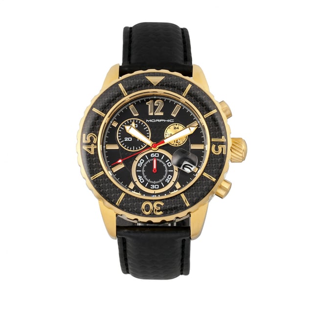 316L Surgical-Quality Stainless Steel Case; Accurate Japanese Quartz Movement; Full-Function Chronograph; Non-Glare Scratch Resistant Mineral Crystal; Carbon Fiber Pattern Dial; Logo-Engraved Stainless Steel Caseback; Uni-Directional Rotating Carbon Fiber Bezel; Genuine Leather Carbon Fiber Pattern Strap; Logo-Engraved Stainless Steel Clasp; Luminous Hands; Magnified Date Display; 24-Hour Sub-Dial; 45mm Diameter; 10 ATM Water Resistance;