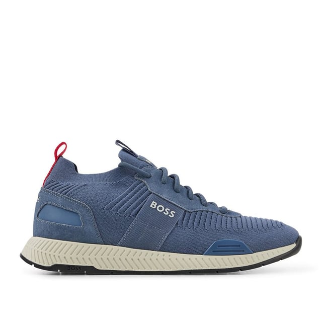 Mens BOSS Titanium Running Trainers in blue.- Stretchy knitted upper.- Lace up fastening.- Pull tabs on the collars and tongues.- Signature BOSS lettering to the heels  tongues and lateral sides.- Rubber sole.- Ref: 50470596-438