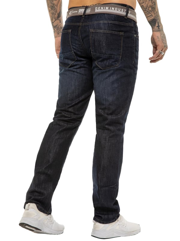 Enzo Mens Regular Fit Jeans. Free Belt Included (Belt colour may vary). 5 Pockets including the Coin Pocket. Branded Buttons and Rivets. Midrise Zip Fly Fastening.(EZ399)