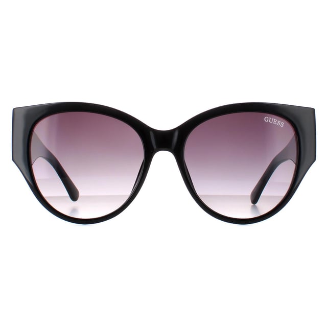 Guess Cat Eye Womens Shiny Black Smoke Gradient GF6118  Sunglasses are a cat-eye style crafted from lightweight acetate. The brand's logo is showcased on the temples for authenticity.