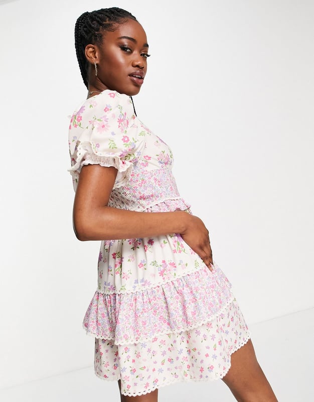Miss Selfridge frill detail mini tea dress in mix floral print Multi