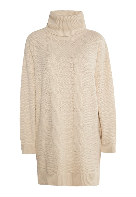 Perfect Match: Auf diesem Strickkleid von myMo treffen sich Gitterstrick und Zopfmuster und vereinen sich zu einem harmonischen Miteinander. Gefertigt aus einem kuschelig-weichen Garn, lässt sich das locker geschnittene Modell mit überschnittenen Schultern und kleinen Seitenschlitzen vielseitig kombinieren. Der gerippte opulente Rollkragen vollendet das stimmige Design ebenso wie die abschließenden Rippstrickbündchen an den Ärmeln.  Strickkleid