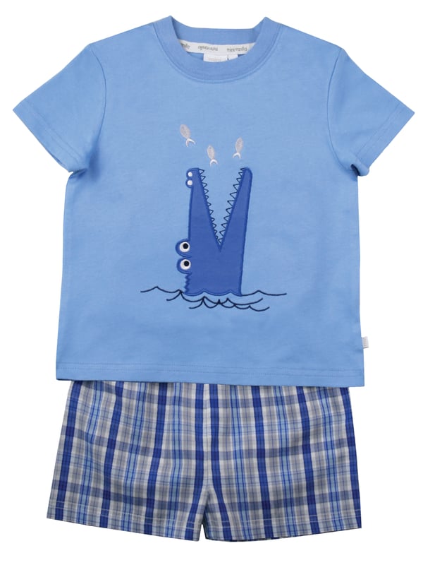 Our crocodile is guaranteed not to bite  - it only snaps!! Our shortie cotton pyjamas set brings some fun to bedtimes!

Made from 100% super soft cotton. The soft jersey mid blue top, with the a Snappy Crocodile embroidery applique has a matching rib neck, so easy to put on and off. The shorts have a fully soft elasticated waist and are made in a crisp summer cotton woven blue check.  We are sure these will be a firm favourite this summer!

Sold as a Pyjama set
Smiley Crocodile Applique
Fabric: 100% cotton
Fire Warning : KEEP AWAY FROM FIRE AND FLAMES.
Wash Care Instructions : Machine wash inside out, do not soak, wash dark colours separately. Do not iron trims or motifs. Save energy and wash at 30 degrees.
Do not tumble dry