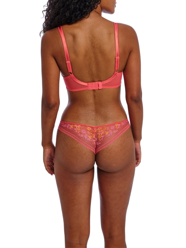 Freya Sydnie High Apex Plunge Bra. Underwired non padded plunge bra with high apex sheer floral lace overlay, low plunge neckline and fully adjustable straps. Product is recommended as hand-wash only.