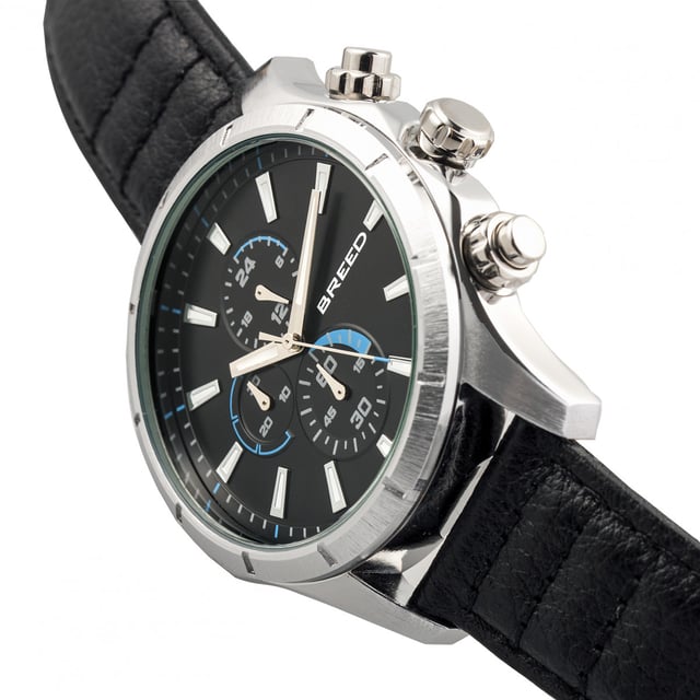 Brushed Alloy Case; Precision Japanese Quartz Movement; Full-Function Chronograph; Non-Glare Scratch Resistant Mineral Crystal; Logo-Engraved Stainless Steel Caseback; Genuine Leather Crocodile-Embossed Strap; Logo-Engraved Stainless Steel Clasp; Luminous Hands; Luminous Markers; 24-Hour Sub-Dial; 47mm Case Diameter; 5 ATM Water Resistance;