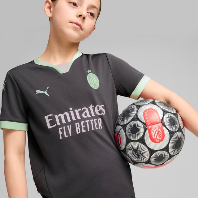 PRODUCT STORY: In the 24/25 Third Kit, a neutral base color lights up in bold accents  including monochromatic version of the club crest  to express the inherent Milanese style in a way thats both new and distinctly Rossonero, even in the absence of Rosso or Nero. Welcome to Milan(ismo). FEATURES & BENEFITS: dryCELL: Performance technology designed to wick moisture from the body and keep you free of sweat during exercise; As part of the RE:FIBRE program, this garment is made of at least 95% recycled material from textile waste and other used materials. DETAILS: Regular fit; 170 gsm, Jacquard; Crew neck; Short sleeves; Official team branding; PUMA Youth: Recommended for older kids between 8 and 16 years.