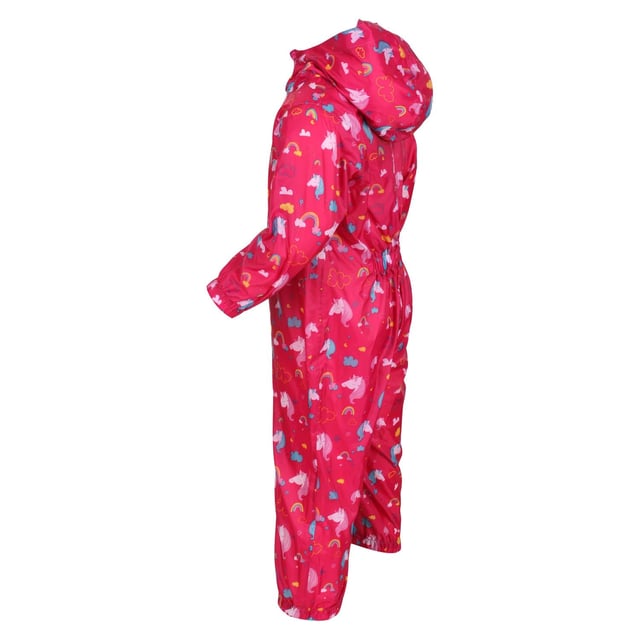 Regatta Infants Waterproof Puddle Suit in Pink The kids Puddle ll all-in-one from Regatta. This waterproof and breathable puddle suit will keep the littlest of adventurers dry and comfortable. Lightweight fabric with elasticated waist and cuffs and a grown on hood will keep them dry in all weather. Material: 100% Polyester. Ref: RKW263WN1.