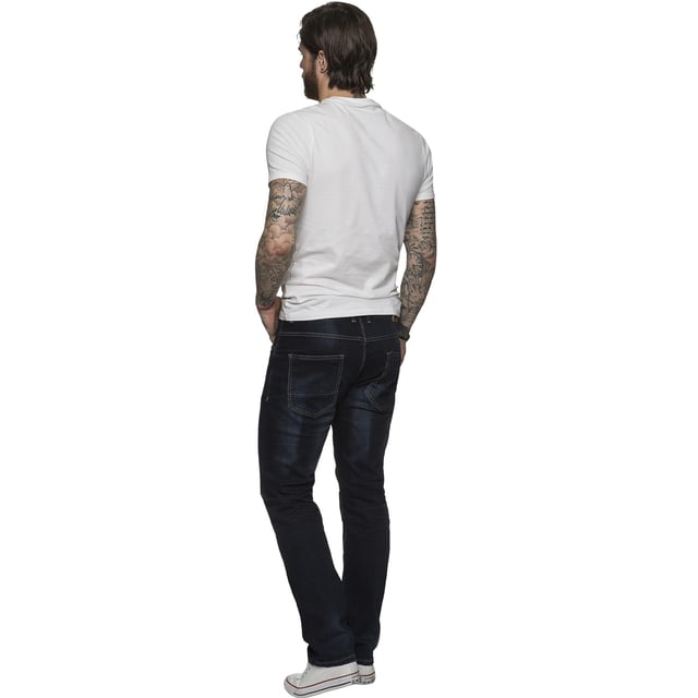  ETO Mens Tapered fit Stretch Jeans for Casual and Work Wear, Button Fly Fastening, Contrast Stitching, Branded Buttons and Rivets, Front Pockets Are Secured with Rivets, 5-Pocket Design, 98% Cotton, 2% Spandex, Machine washable (See Tags) .