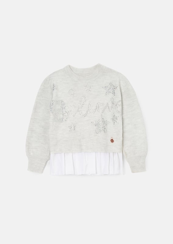 Is this the most perfect Winter knit? You sweater BELIEVE it! Crafted from soft   yarn and encrusted with stunning jewels. it also features a mock shirt panel for ultimate style credits.