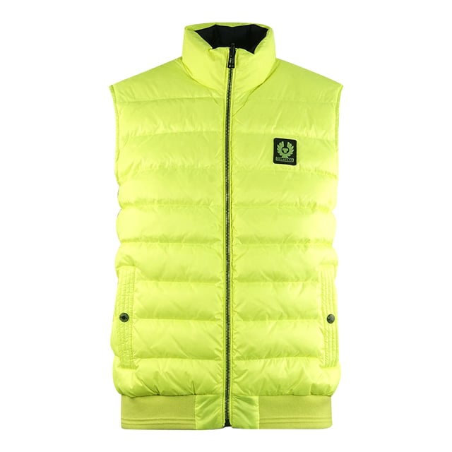 Belstaff Flash Circuit Black Reversible Down Gilet Jacket. Experience the ultimate in versatility and style with the Belstaff Black Jacket. This reversible down jacket offers both warmth and fashion-forward design, allowing you to effortlessly transition from a casual day look to a chic evening ensemble. Stay cozy and look amazing with this must-have jacket!. Down Jacket, Yellow On The Reversible, Material: 100% Polyamide, Filling: 90% White Duck Down, 10% White Duck Feather. Branded Badge On Left Chest, Lightweight, down-filled jacket, Reversible wear with neon detailing, Packs away into a bag, Exposed front-zip closure, Two snap-closure side pockets. Reverisble Jacket, Zip Closure, Black Gilet, Yellow Gilet. Style: Reversible Flash Circuit Gilet BKNYL
