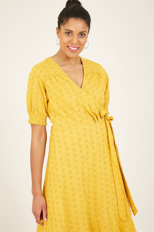 Yumi Mustard Broderie Anglaise Wrap Dress